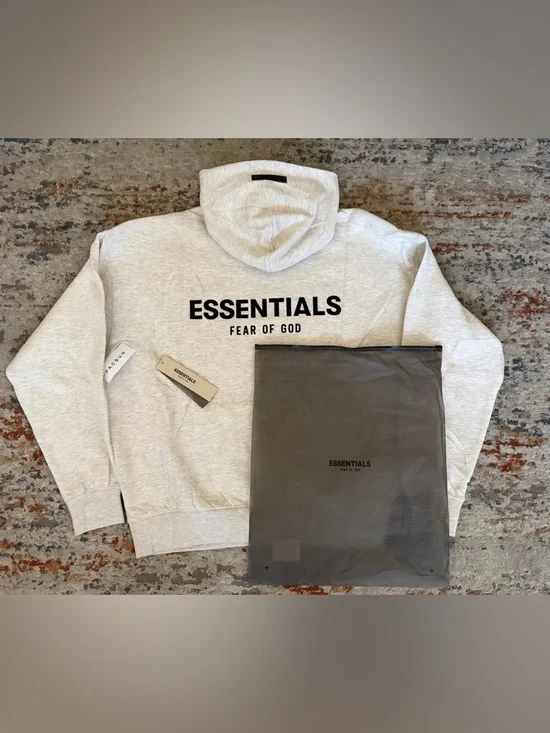 Essentials Men's Heather Oatmeal Hoodie with Minimal Logo - Picture 3 of 5